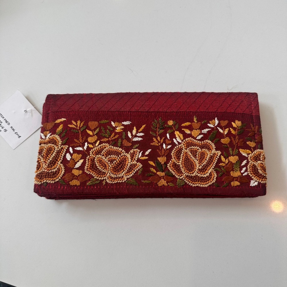 Embroidered Floral Clutch Wallet Burgundy Red Gold Rose Evening Bag